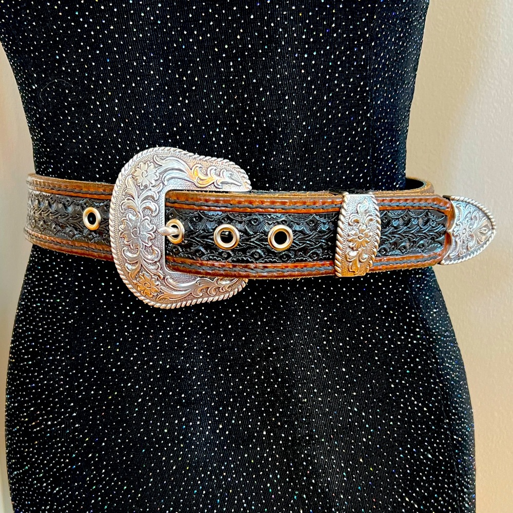 Men’s Western Hand-tooled Belt, Victoria Buckle & Keeper Rope Stitch, Sz 36 NWOT